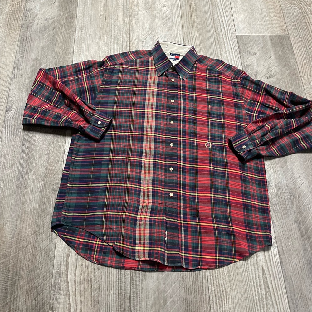 Vintage Tommy Hilfiger plaid blue red green button up down long sleeve shirt xl
